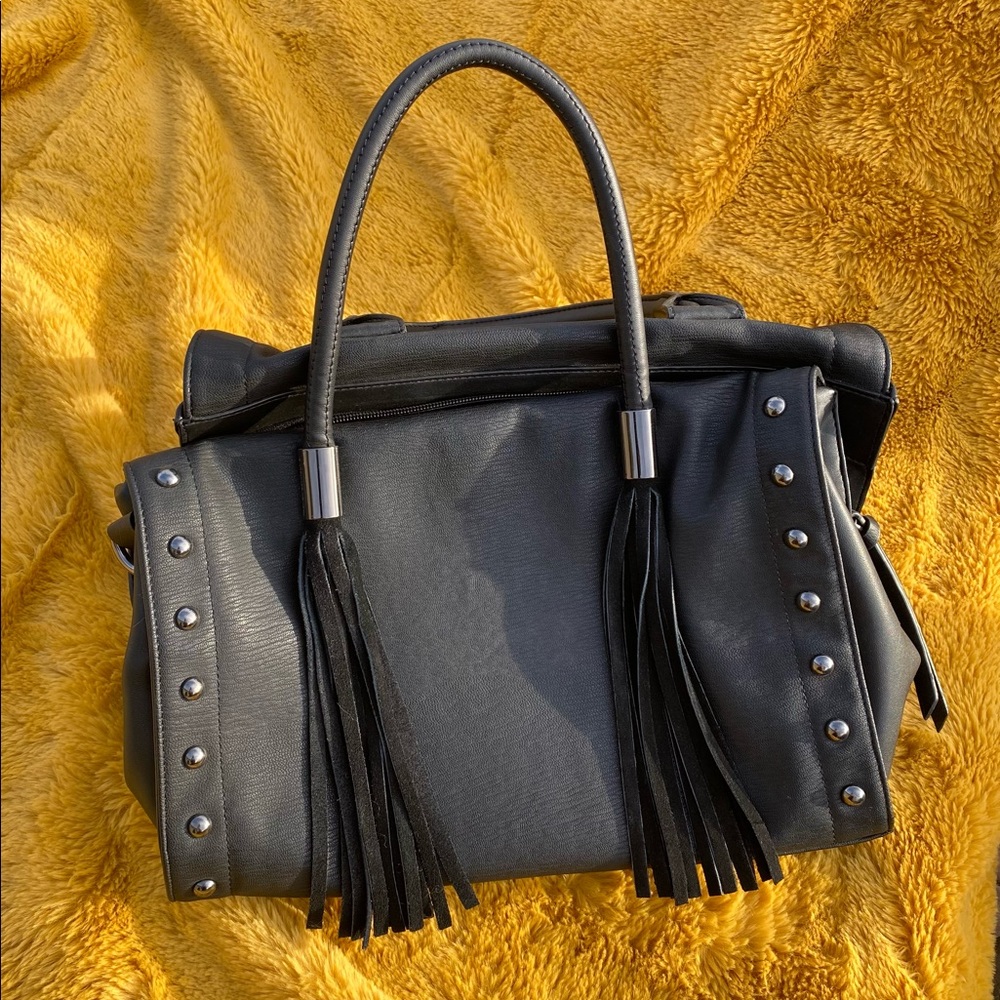 FRENCH CONNECTION Faux Leather Satchel with Gunmetal Details and Suede Tassels